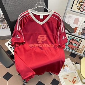 美式V领杠条球服短袖T恤男夏季宽松休闲短裤运动体恤ST547-P41图片