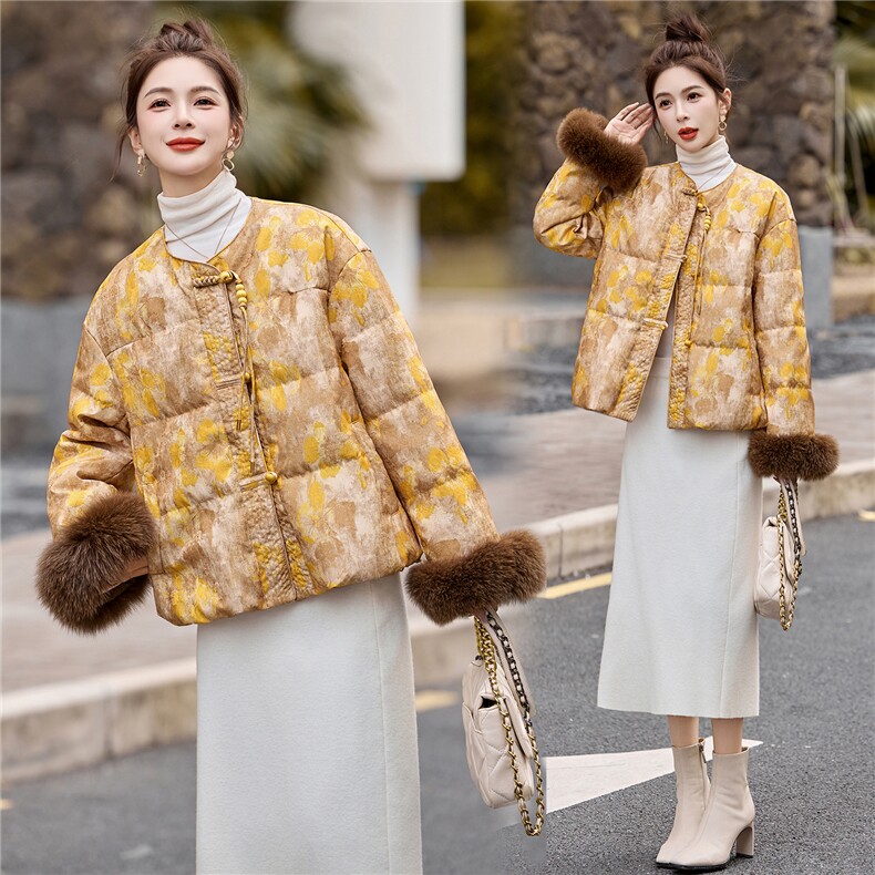 新中式90提花羽绒服2025年冬季新款高级感优雅气质白鸭外套,女装羽绒服,玖莱伊