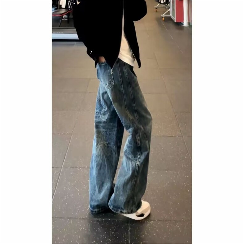 大码水洗复古解构弯刀牛仔裤女秋冬新款美式宽松阔腿廓形拖地裤子,男装牛仔裤,星座506A