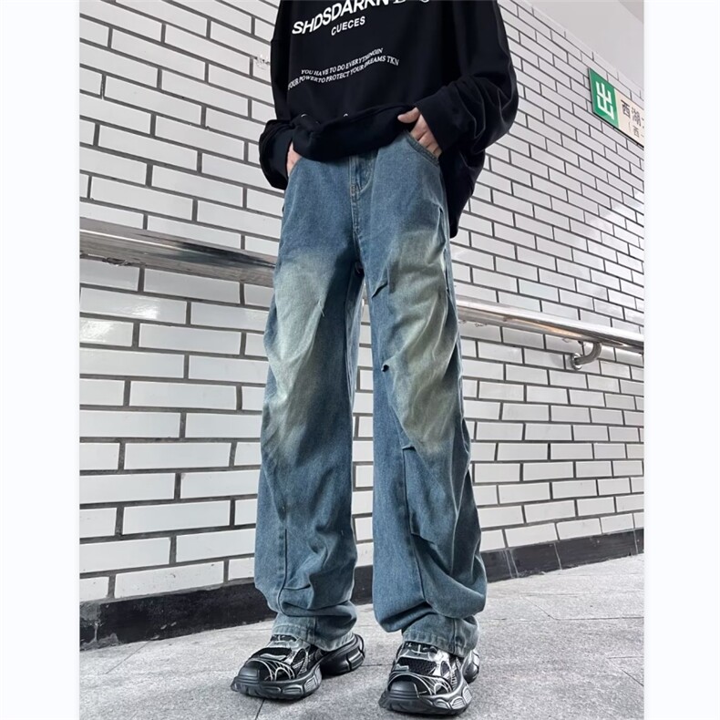 美式牛仔裤男韩版潮流褶皱高街帅2023秋冬新款ins长裤KR1145-P50,男装牛仔裤,星座412-3