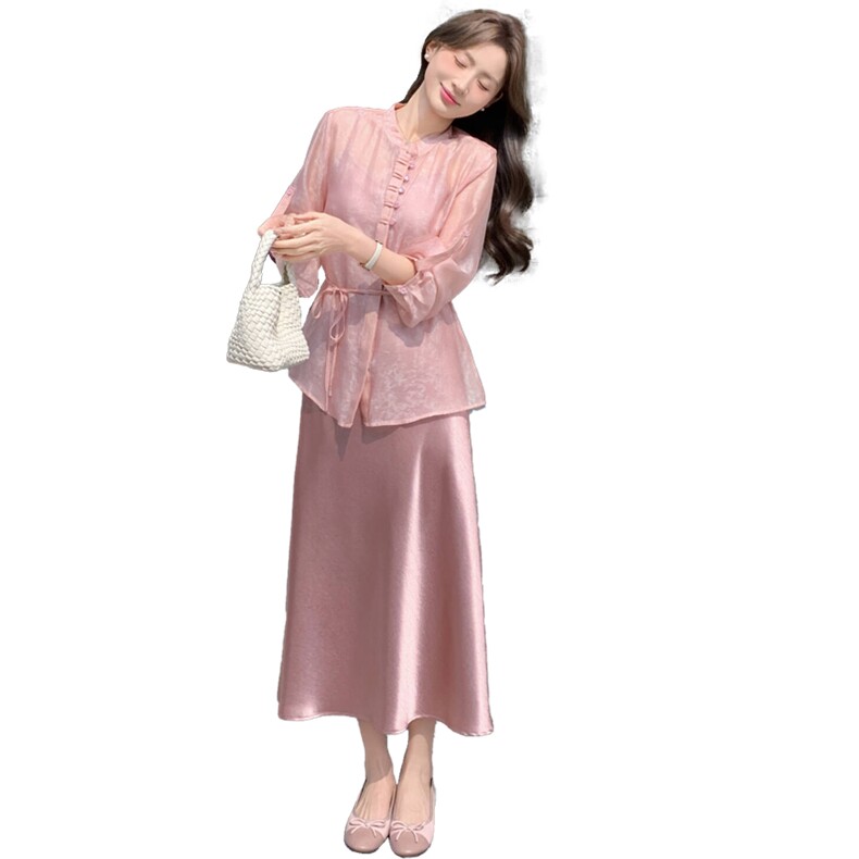 高端时尚套装裙女2026夏季新款洋气宽松系带收腰小衫吊带裙两件套,女装连衣裙,心心服饰