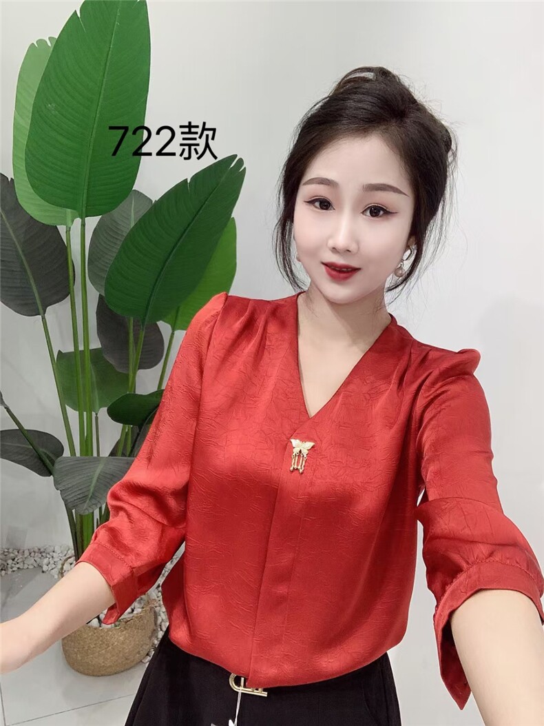 2025时尚单品v领五分袖百搭时尚简约,女装衬衫,思沃羊绒