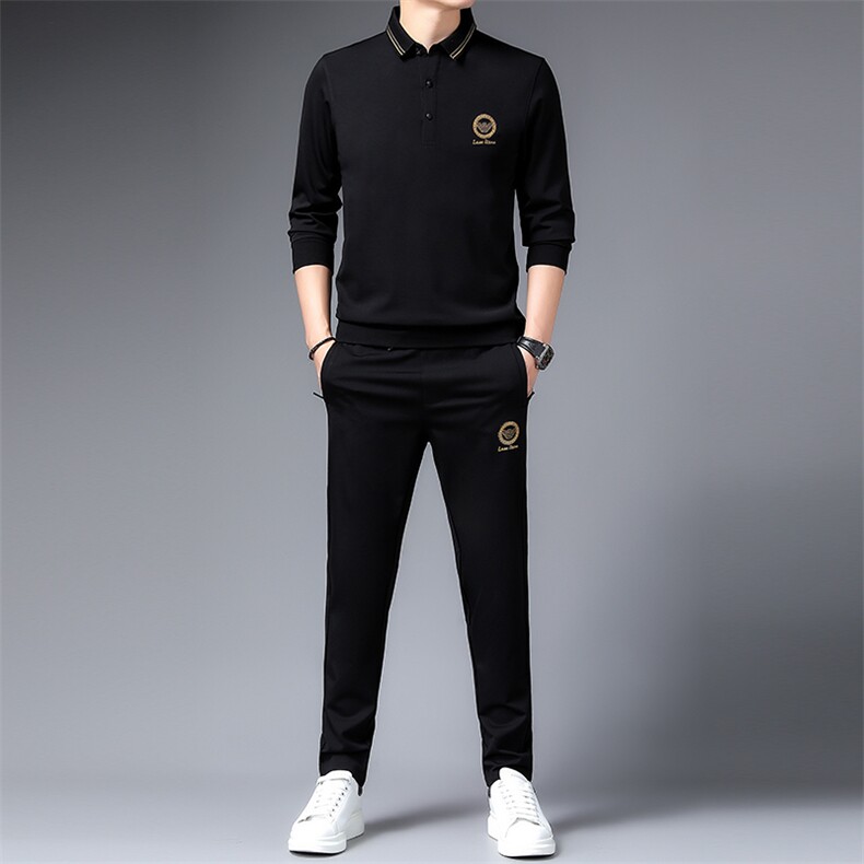 翻领长袖t恤男春秋新款宽松潮流时尚休闲套装衣服两件套中年男装，男装休闲套装，电商B212（原钱塘6029）