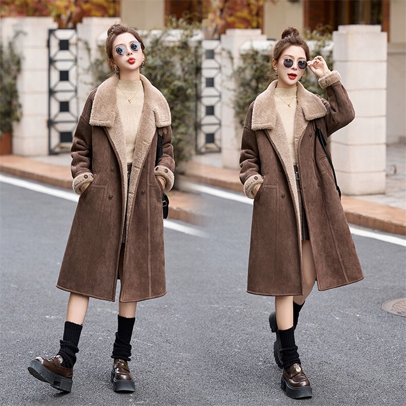 爆款羊羔毛皮毛一体外套女中长款2025春秋新款过膝保暖鹿皮绒棉服,女装棉衣/棉服,自然秀