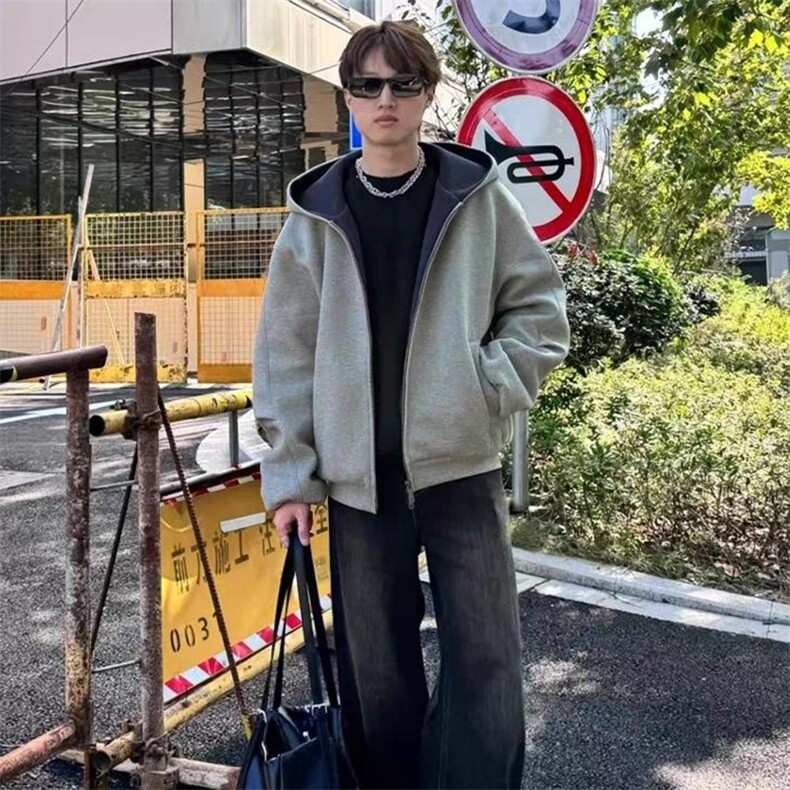 抖音得物高品质二开 26春装美式重磅宽松结构双面连帽卫衣外套W68图片
