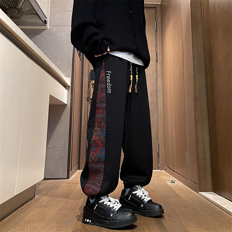 8XL-M民族拼接刺绣束脚卫裤男冬加绒加厚大码运动裤KZ024P45,男装休闲裤,电商B312