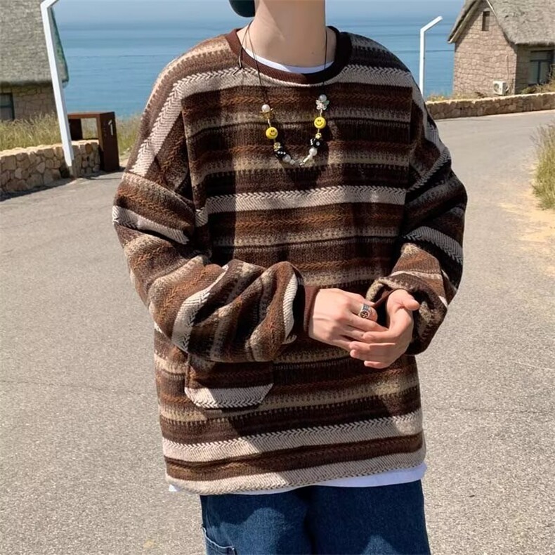民族风复古in秋冬日系慵懒口袋条纹毛呢宽松套头圆领卫衣男M44,男装卫衣,星座1116A-1（原606A）