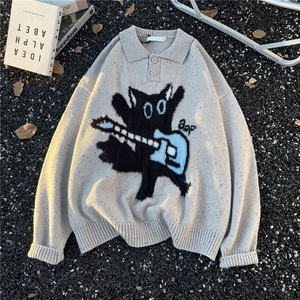 W621-P60 猫咪提花polo领毛衣秋冬季宽松休闲软糯慵懒针织衫潮流图片