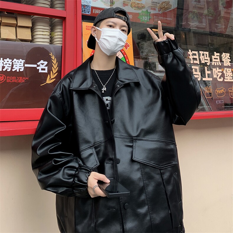 港风秋款男皮衣工装大口袋单排扣皮夹克休闲外套JK58P70,男装夹克,星座1013-1