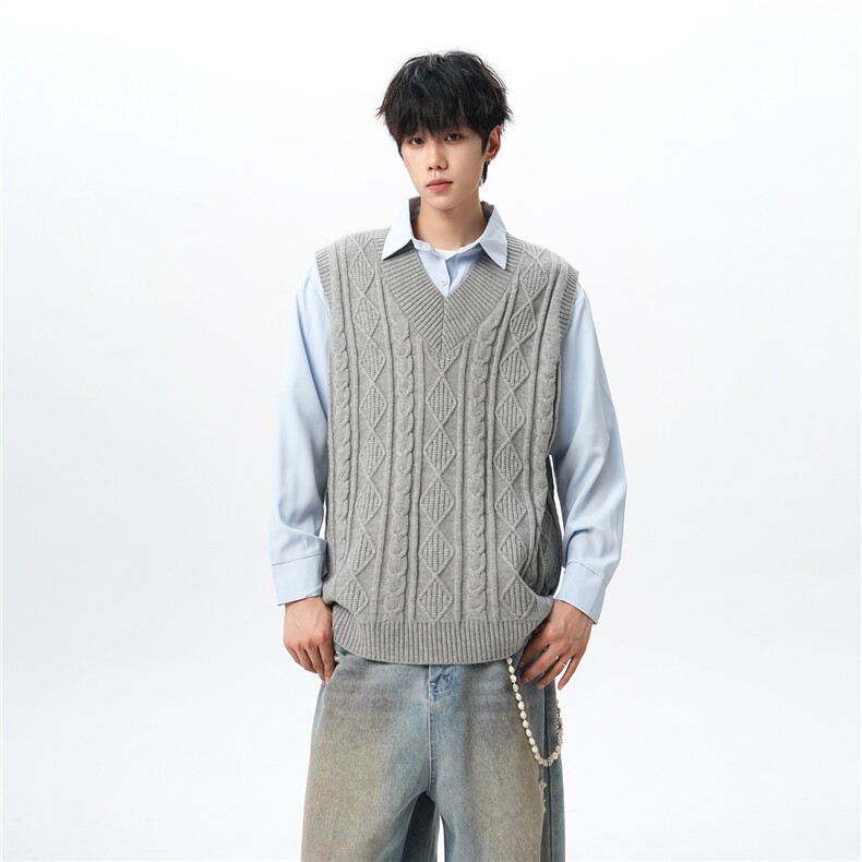 韩系叠穿复古麻花针织衫马甲男学院风早秋穿搭上衣服背心9097P58，男装背心/马甲，电商B312
