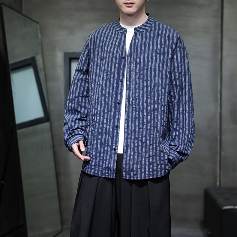 秋季新款风品质条纹长袖衬衫男立领衬衣潮新中式T2451-P68，男装衬衫，电商A227