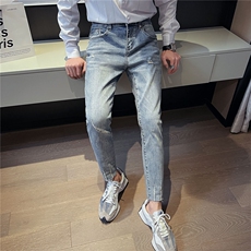 B230新款时尚复古怀旧浅蓝色切边修身小脚牛仔裤男长期款9221P85，男装牛仔裤，电商B230