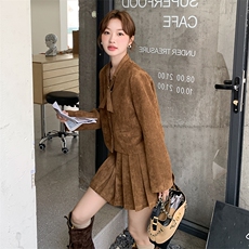 超火流行复古麂皮绒夹克套装裙女秋新款韩系甜酷风百褶短裙两件套，女装套装/套裙，2C317
