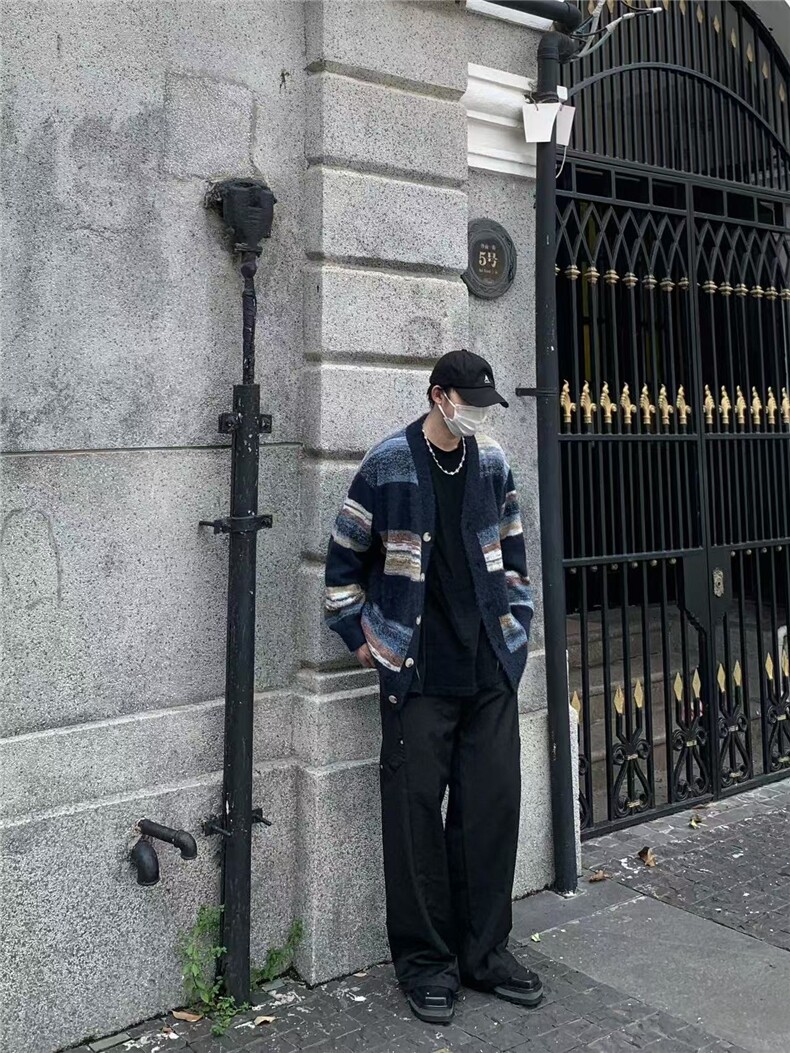 网图美式复古条纹毛衣开衫外套男高级感慵懒风针织衫MY3153-特P60,男装针织衫/毛衣,星座1007（原301D）