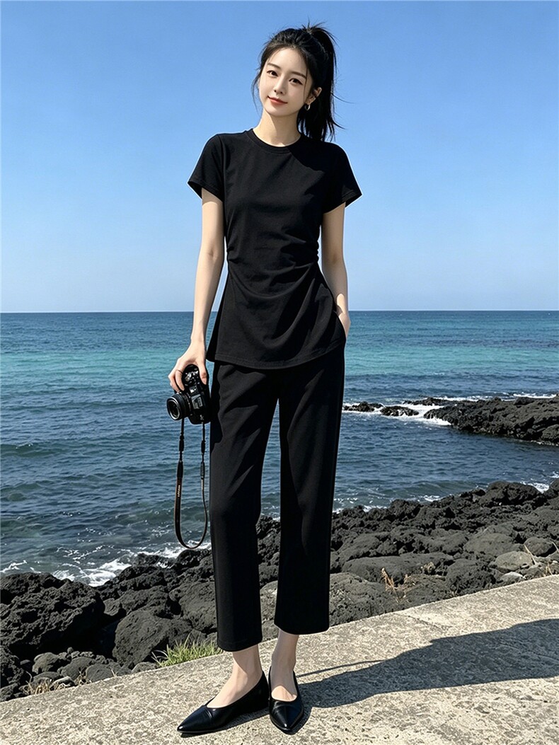 韩系时尚气质套装女夏季新款圆领褶皱收腰上衣双口袋直筒裤两件套,女装套装/套裙,江南