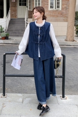 【现货已出】牛仔马甲正反可穿直筒裤两件套W516p175K238，女装套装/套裙，2C209