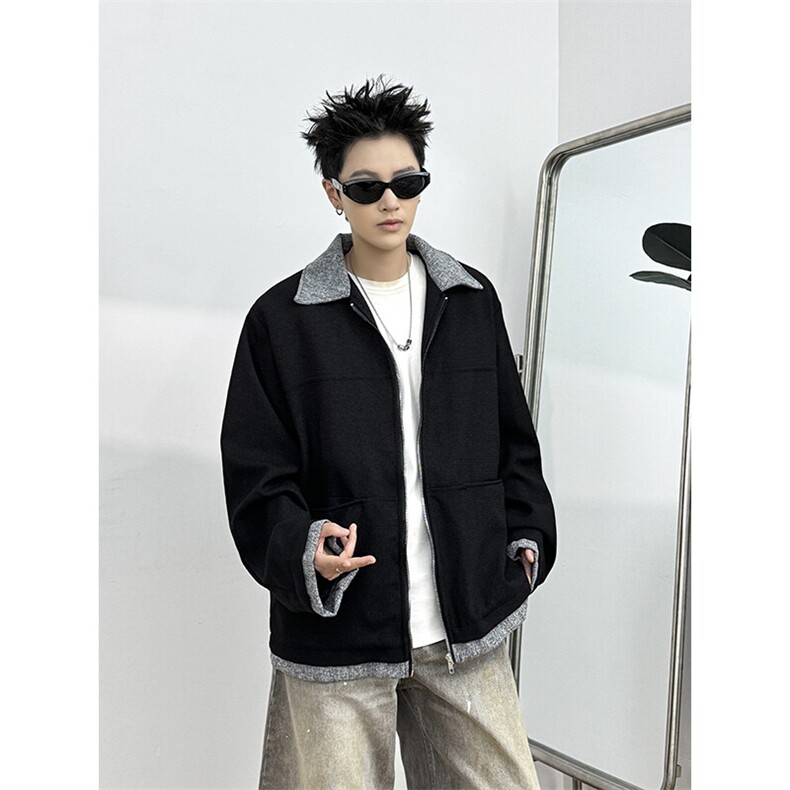 春秋季新款日系原宿风假两件外套潮流拼接设计感宽松上衣，男装夹克，星座410-7