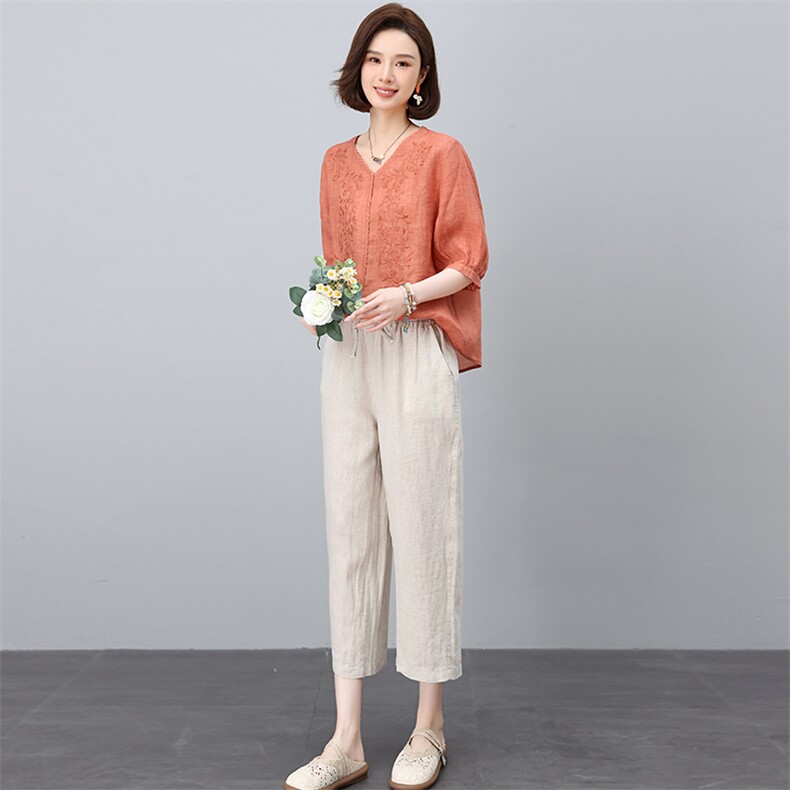 苎麻短袖衬衫套装女夏2025新款中年妈妈宽松棉质亚麻休闲裤两件套,女装套装/套裙,独衣靓