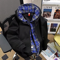 美式假两件连帽格子卫衣开衫cleanfit外套J290P52，男装卫衣，星座1116-2