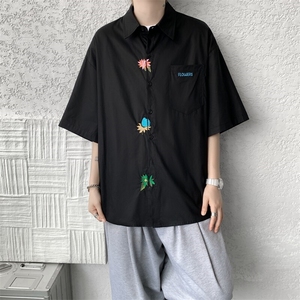 设计感重工花卉刺绣短袖衬衫高级大码美式痞帅衬衣外套DC5011/P45图片