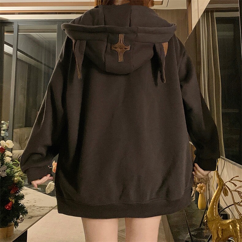 A440-P108美式复古连帽加绒卫衣外套男女冬季新款耳朵棉开衫外套,女装短外套,星座911