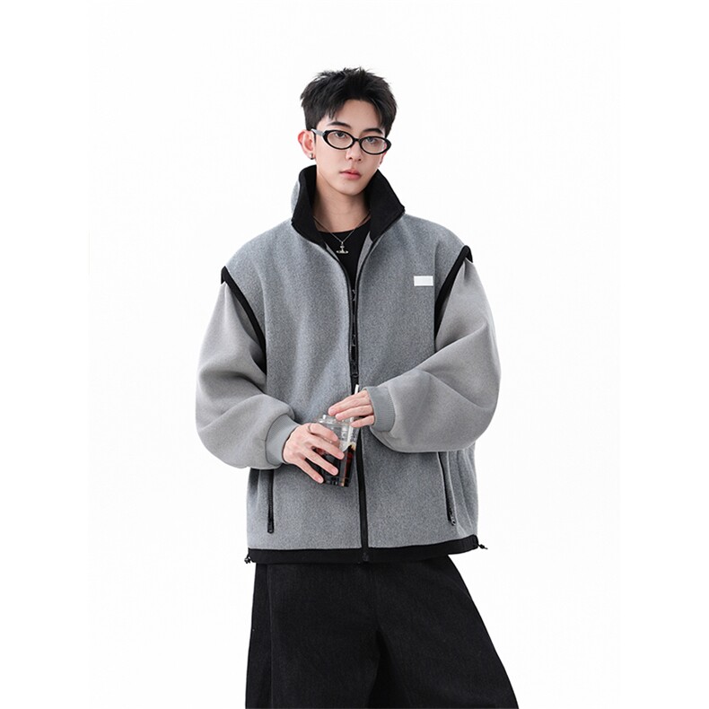 灰色拼接毛呢外套男宽松休闲日常上衣潮XZ201-2A769P148，女装短外套，星座201-2