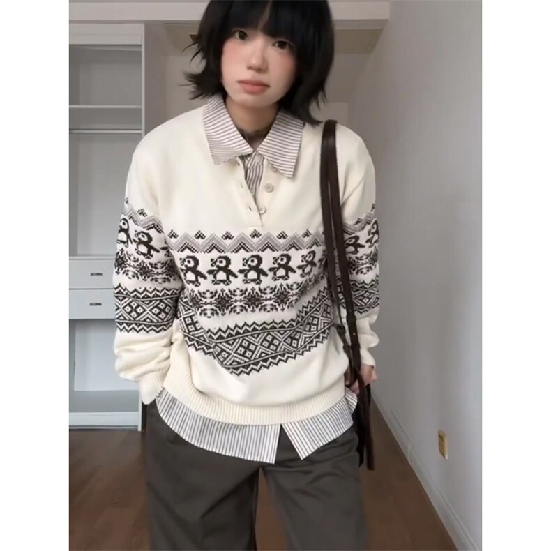重磅秋冬装北极绒套头毛衣美式复古休闲慵懒风提花工艺针织衫外套,男装针织衫/毛衣,电商A486