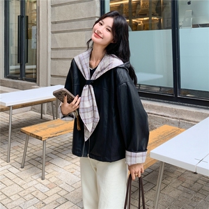 可拆卸格子连帽皮衣外套女2025秋季新款甜酷风宽松小个子短款夹克图片