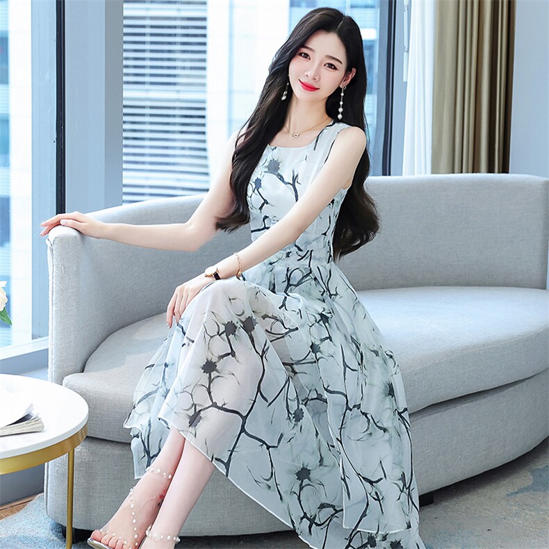 2023年夏季韩版通勤时尚潮流中长款A字裙优雅印花修身连衣裙,女装连衣裙,卡杰菲
