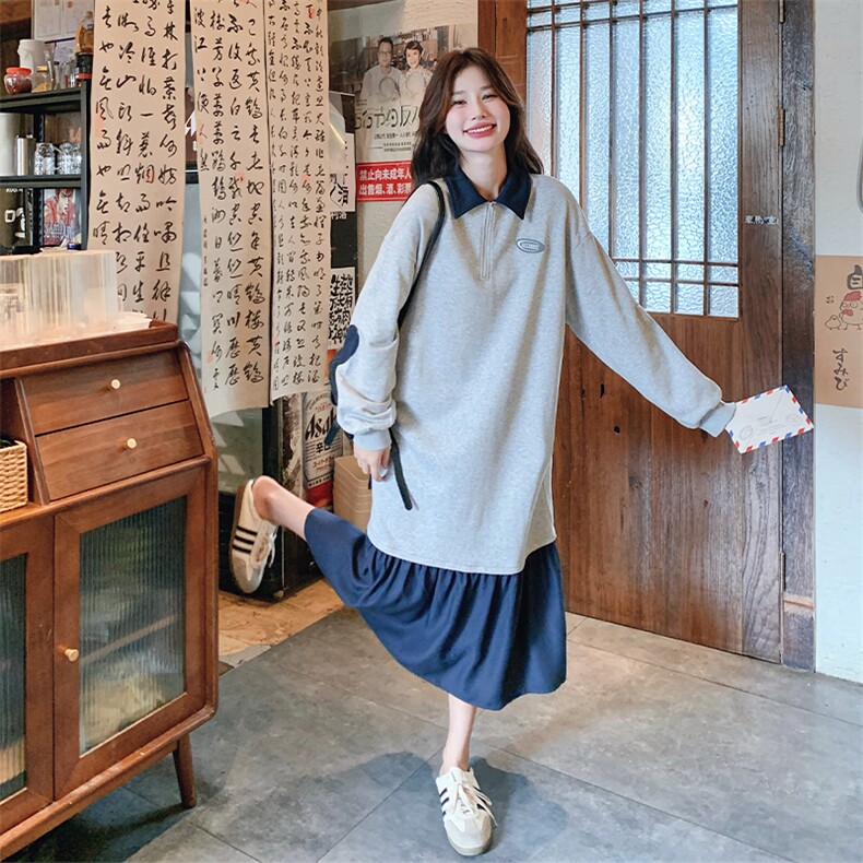 【现货】2026秋装撞色拼接灰色连衣裙2C056-6807-P120控178,女装连衣裙,2C056