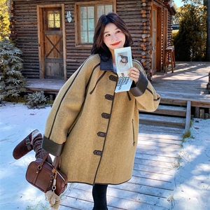 卡其色韩系慵懒风休闲毛呢外套女秋冬新款小个子加厚中长款呢大衣图片