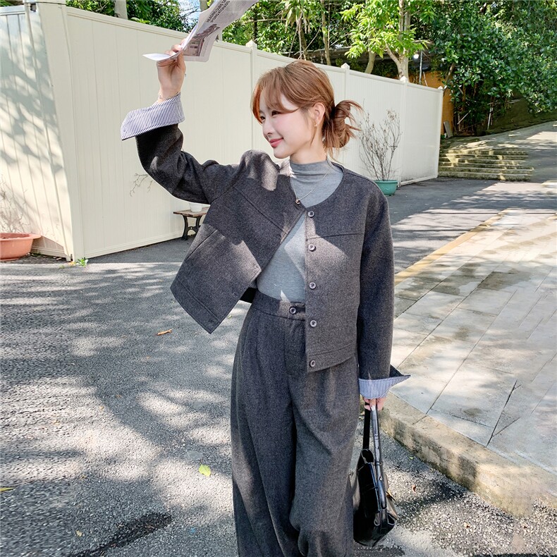 复古条纹拼接牛仔外套阔腿裤两件套女2025年秋季新款时尚休闲套装,女装套装/套裙,2B142