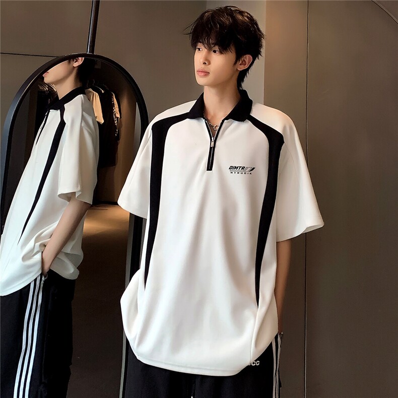 翻领撞色拼接半拉链高级感时尚街头百搭POLO衫短袖T241-P38,男装Polo衫,电商C307