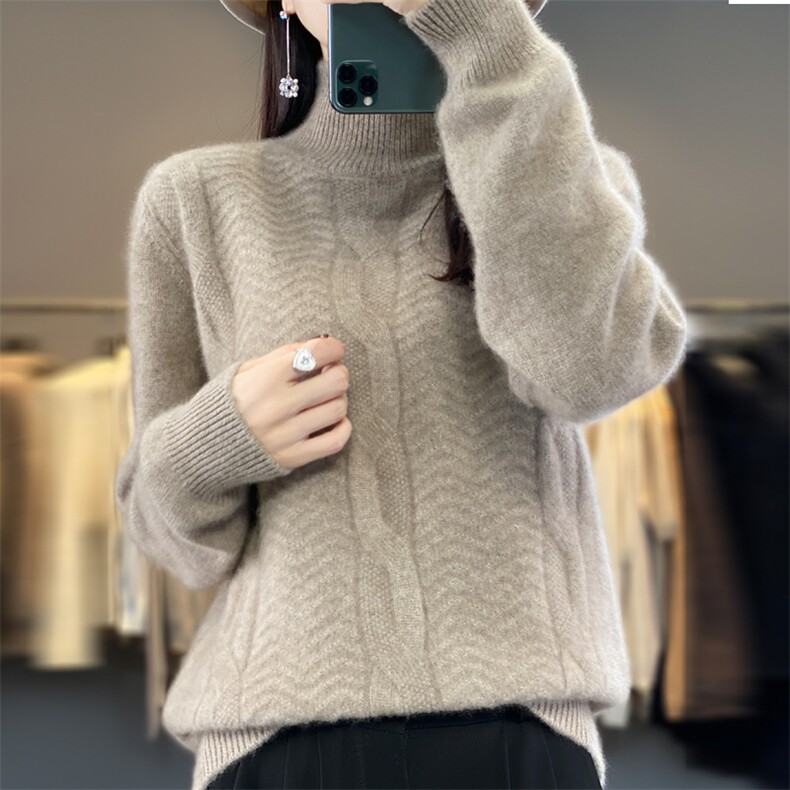 百搭紫色高领毛衣女秋冬新款宽松显瘦加厚保暖羊毛针织衫,女装羊毛衫,九嘉羊绒