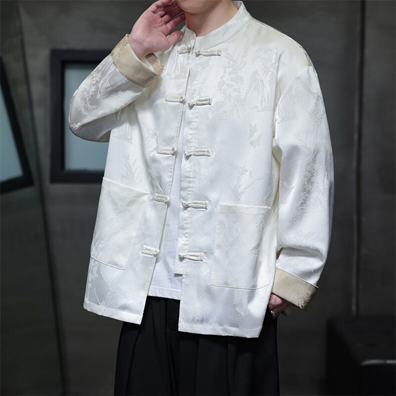 风新中式衬衫盘扣翻袖子花纹开衫男女长袖A021-KS513-P85控98,男装衬衫,电商A021