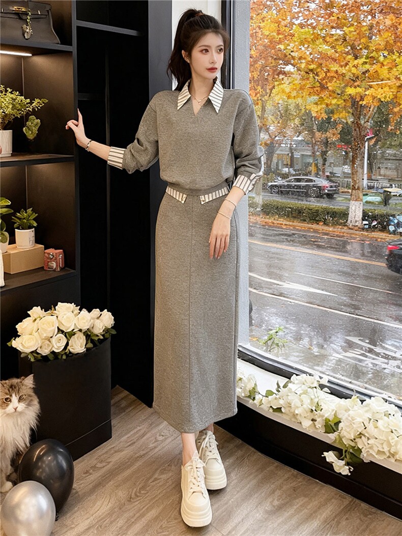 高端轻奢撞色拼接衬衫领卫衣套装女秋季新款时尚休闲半身裙两件套,女装套装/套裙,江南