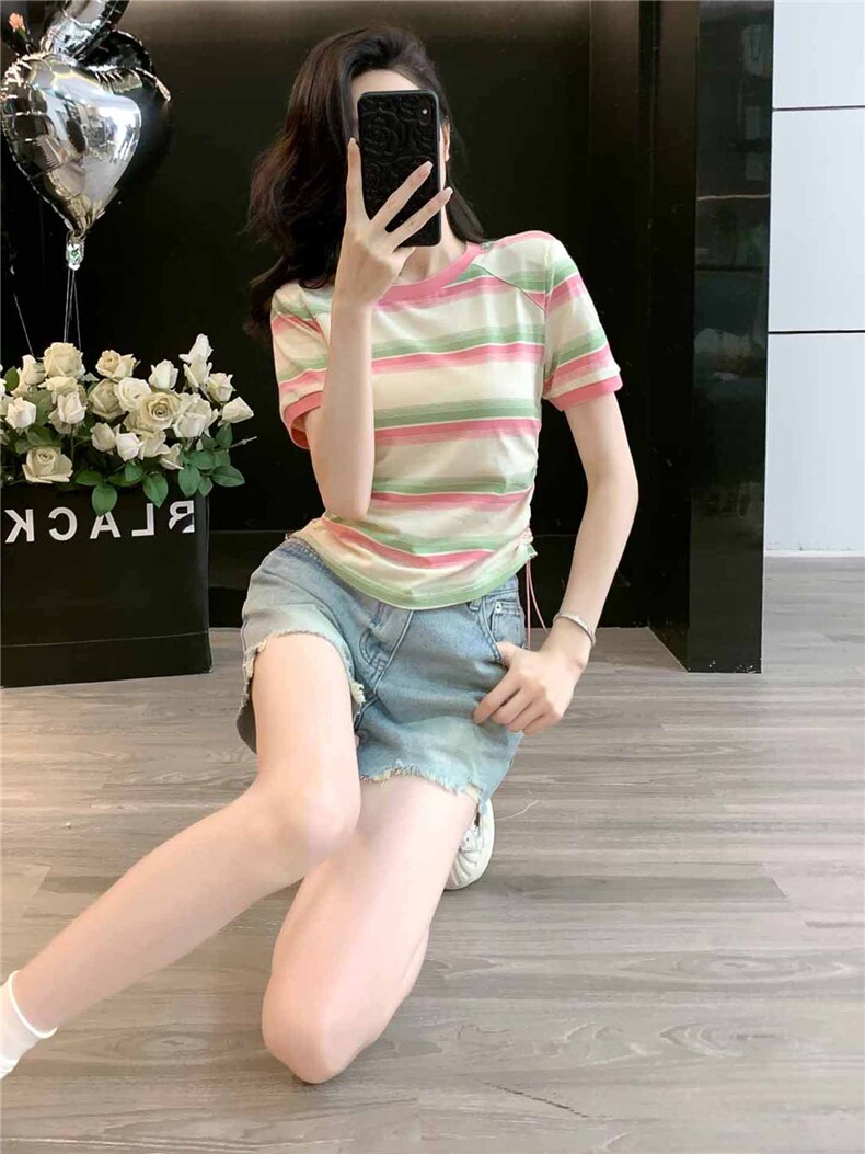 女夏季新款韩版运动休闲套装修身显瘦圆领条纹短袖牛仔短裤两件套,女装套装/套裙,江南