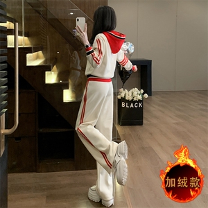 时尚潮流女秋冬加绒新款休闲阔腿裤两件套图片