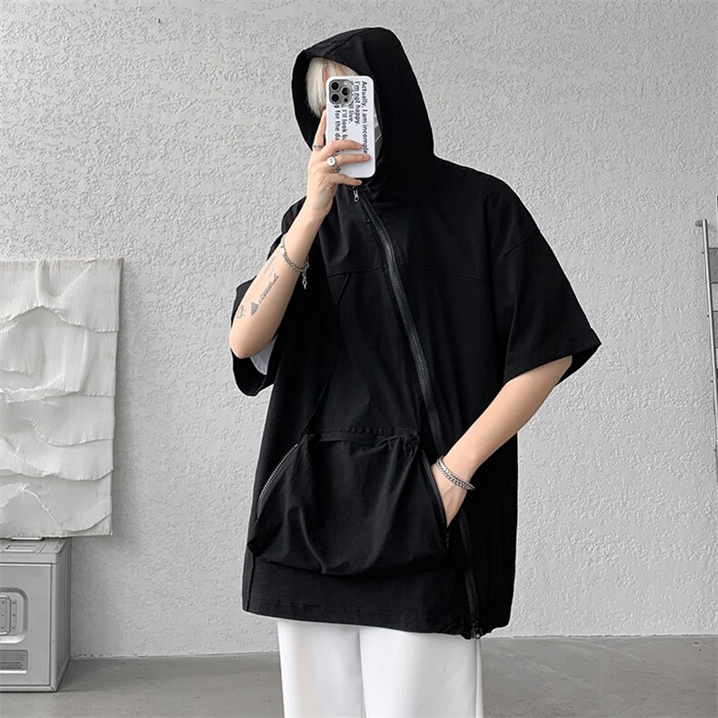 8XL-M特大码冰丝速干拼接t恤斜襟连帽拉链短袖卫衣七分袖DX324P55,男装T恤,电商D206-1