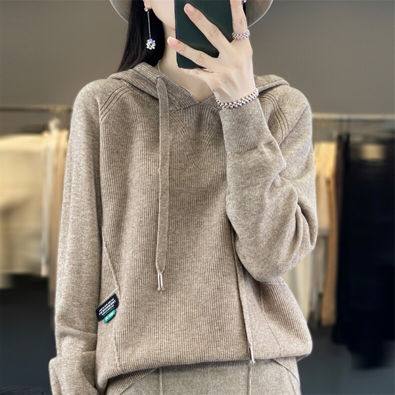 2024秋季新款连帽纯色抽绳长袖套头卫衣女针织帽衫针织衫,针织衫/毛衣,暖娇绒包芯纱店