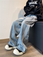 美式宽松牛仔裤三杠织带拼接设计男装长裤显瘦百搭，男装牛仔裤，星座410-7