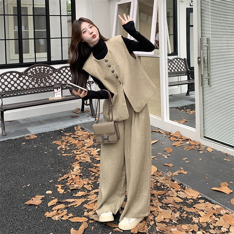 卡其色小香风马甲套装女秋季2025新款韩系气质高级感阔腿裤两件套,女装套装/套裙,2C110