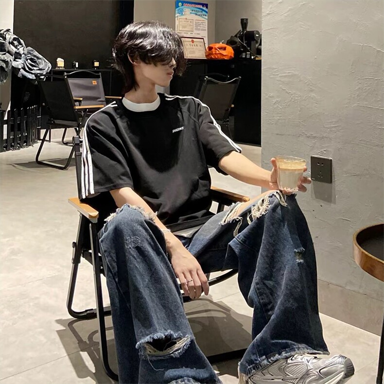 抖音得物高品质二开240克宽松纯棉美式潮牌三条杠织带短袖T恤，男装T恤，电商A486-1