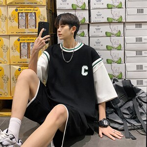 2025夏季华夫格套装男青少年T恤短裤两件套港风套装TZ2237-P55图片