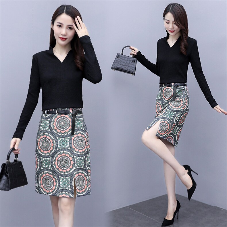 2023春季新款时尚优雅舒适高弹V领上衣+半身裙配腰带两件套，女装套装/套裙，岚衣(原川流布茜）
