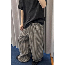 复古慵懒松弛竖条纹拖地裤男港风休闲宽松百搭直筒阔腿裤KXR8015，男装休闲裤，星座1116A（原606A-3）