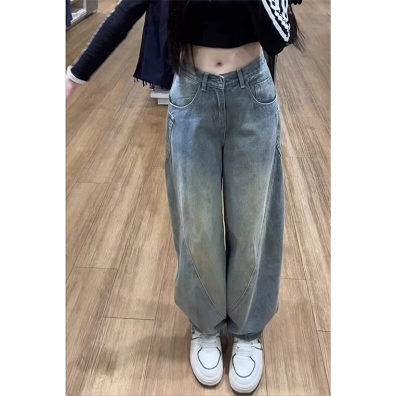 蓝弯刀牛仔裤男女秋季拼接裤子美式高街vibe直筒阔腿裤N401,男装牛仔裤,星座1116A（原606A-3）