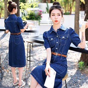 欧洲站牛仔连衣裙女2025年夏季新款气质高腰修身显瘦中长款衬衫裙，女装连衣裙，意芙