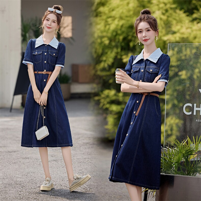 夏季短袖牛仔连衣裙女2025新款时尚洋气休闲超好看撞色拼接衬衫裙,女装连衣裙,靓星雨