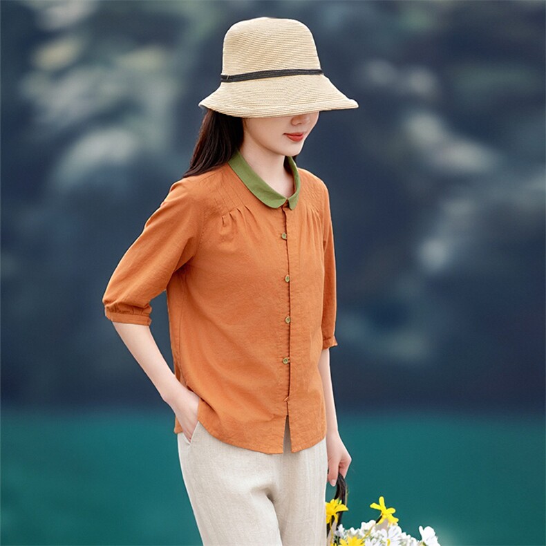 2026年春季女短袖宽松常规汉麻文艺风，女装衬衫，江南依恋
